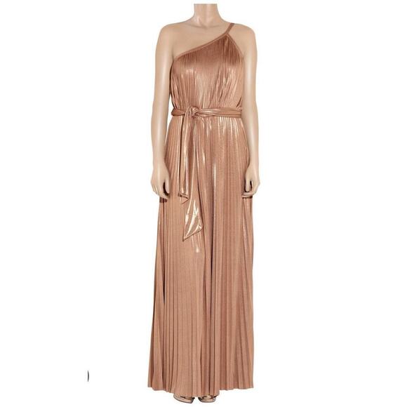 Halston Heritage Pleated Lamé Metallic One-Shoulder Maxi Dress 8 Belted Gown - Picture 2 of 9